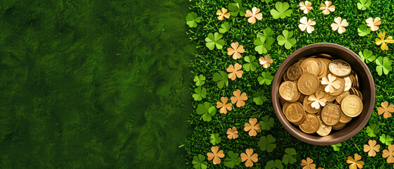 Pot with golden coins gift box and clovers