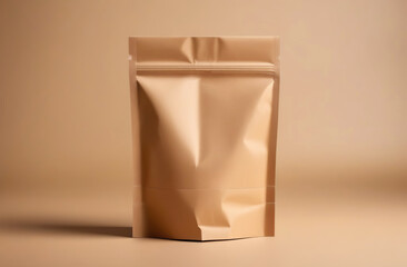Mock up of one brown paper zip bag isolated on beige background. Space for your design, presentation, promo, logo. Blank empty ziplock bag, space for brand name. Empty packaging with clipping path