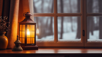 Cozy lanterns on a windowsill, with winter landscape seen through the window.