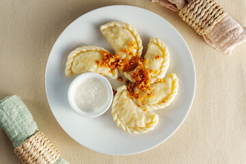 White plate showcases an array of delectable dumplings, perfectly paired with a luscious bowl of flavorful dip.