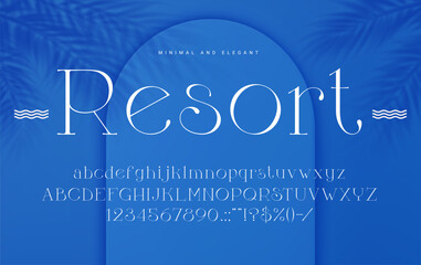 Marine elegant font, glamour type and luxury typeface, vector royal English alphabet. Sea resort and hotel, ocean beach and summer holiday marine font with elegant classic letters in minimal line