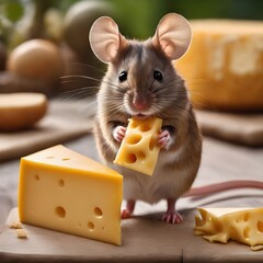 Isolated mouse eating cheese and giving expressions of innocent mammal, funny pet animals