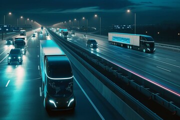 futuristic rob taxi or trucks fleet on highway with full self driving system activated for transportation autonomy concepts as wide banner with copy space area - obrazy, fototapety, plakaty