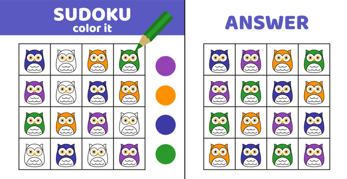 Sudoku. owl. Coloring sudoku with cute owls. Squishmallow. Cartoon