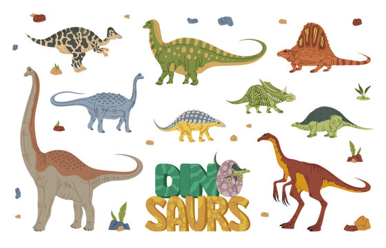 Dinosaurs, cartoon characters and Jurassic reptiles for dino park vector collection. Funny dino or dinosaur species for children prehistoric education, extinct reptiles world game and monster lizards