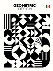 Modern monochrome abstract poster with geometric bauhaus pattern. Vector black and white vertical background, merging simplicity and sophistication for visually striking design with timeless aesthetic - 722768102
