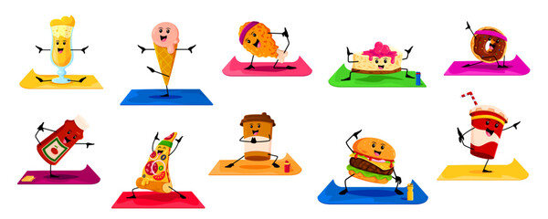 Cartoon fast food characters on yoga fitness sport. Vector ice cream, chicken drumstick, cocktail, cheesecake and donut. Ketchup bottle, pizza slice, coffee cup and burger with cola drink personages