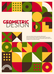Modern abstract poster with geometric bauhaus pattern, cutting edge of design with bold red, green, yellow, brown and white colors. Vector sophisticated striking background with avant-garde aesthetics