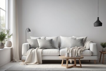 Scandinavian, hygge home interior design of modern living room - obrazy, fototapety, plakaty