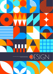 Modern business poster with abstract geometric pattern, merging vibrant red, orange and blue colors. Vector vertical design convey modernity, capturing attention for a contemporary business aesthetic - 722768707