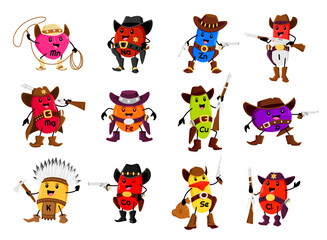 Cartoon micronutrient cowboy, ranger, sheriff and bandit characters. Vector vitamin stockriders and native american Mn, Na, Zn, I and Mg, Fe, Cu, P and Ca with K and Se, and Cl horsemen and aboriginal