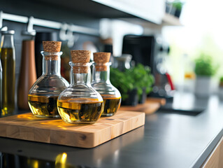Stylish oil bottles with wooden corks on a kitchen table.