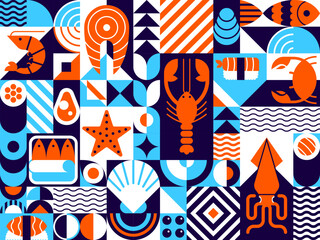 Abstract seafood modern geometric pattern, vector mosaic tile background. Sea food in geometric shapes pattern of fish for sushi, shrimp and salmon with crab and oyster, seafood squid and caviar - 722768945