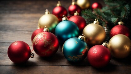 Christmas baubles on wooden table with bokeh background