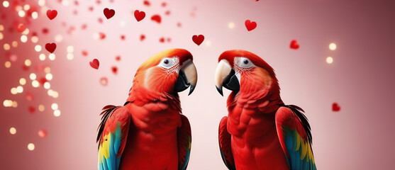 Big Red parrot pair tenderly kissing on a festive background. Parrots couple affectionately bonding, making out. Valentine Day animal postcard, greeting card. Bird love. Happy Valentine's Day Card