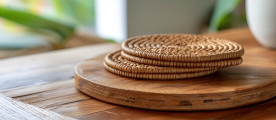 Handcraft rattan coaster with cup of coffee on the desk. Generated AI image