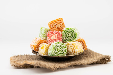 Traditional Turkish delight isolated on white background. Close up.