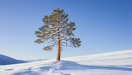 Single Pine Tree Alone on Snowy Hill
