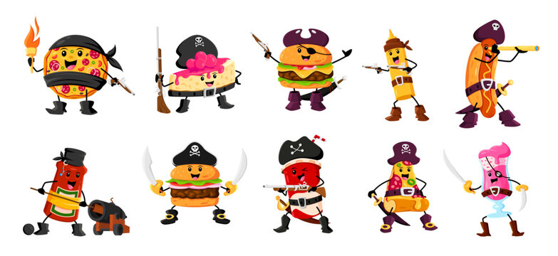 Cartoon fast food pirate and corsair characters. Isolated vector pizza, cheesecake, burger and mustard bottle. Hot dog, ketchup, cheeseburger or soda drink with cocktail filibuster personages