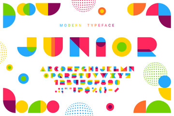 Children shapes font, color geometric type and abstract modern futuristic typeface, vector English alphabet. Font of colorful blocks, kids or child trendy geometric typeface with color overlap effect - obrazy, fototapety, plakaty