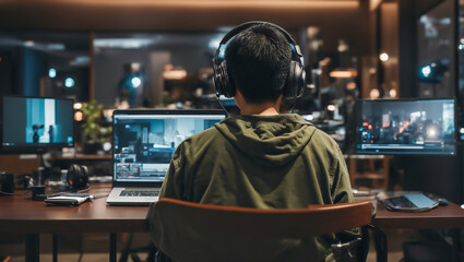 Asian boy wearing headphones playing a game, person watching tv, person watching tv in front of tv, person watching tv in front of screen, children playing games, GenerativeAi illustration