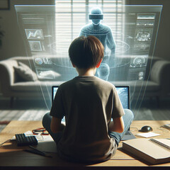 Asian boy wearing headphones playing a game, person watching tv, person watching tv in front of tv, person watching tv in front of screen, children playing games, GenerativeAi illustration