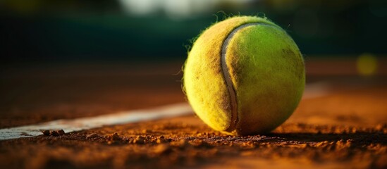 Closeup a tennis ball on the court with sunlight view. Generated AI image