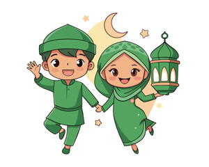 Ramadan greeting card with crescent moon, cloudy and lantern decor with cartoon muslim kids on green background. Vector illustration. Ramadan Kareem means Ramadan the Generous Month.