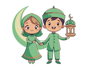 Ramadan greeting card with crescent moon, cloudy and lantern decor with cartoon muslim kids on green background. Vector illustration. Ramadan Kareem means Ramadan the Generous Month.
