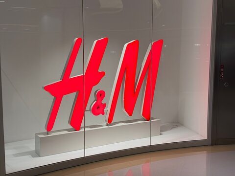 Guangzhou, China - Jan 27, 2024: H&M store sign. H&M Hennes & Mauritz AB, also known as HM Group, is a multinational clothing company.