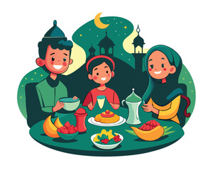 Ramadan dinner. Muslim family eating, iftar celebrating. Arab festive dishes on table, ritual greetings.