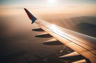 Aircraft wing. Beautiful sunset, sky. Top view. Airplane flying view from window. Traveling. Passenger plane is above clouds during sundown. Sunrise flight. Commercial jet. Aerial view from a porthole