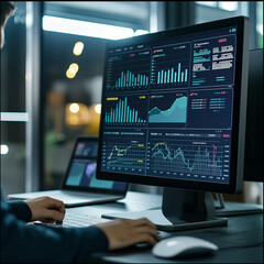 ฺbusiness people check market trends and demand analysis on screen Sales marketing data analysis and summarize income and investment information.