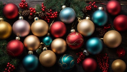 Fototapeta na wymiar Christmas baubles on wooden table with bokeh background. Top view