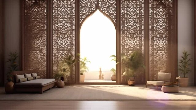 Moroccan interior space with Arabic laser cut pattern. seamless looping overlay 4k virtual video animation background 