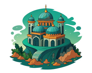 Islamic Celebration Template Background Style Design. Mosque vector cartoon illustration. Islamic element for ramadhan, eid mubarak, etc.