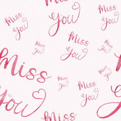Fototapeta na wymiar Pink Valentine's Day watercolor pattern design elements. lettering Miss you