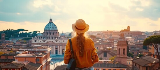 Young traveler woman exploring city famous landmarks. Back view of female tourist enjoying historic on sunny vacation day in urban. Caucasian woman touring culture and religion in beautiful cityscape
