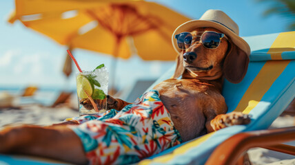 A Dachshund dressed in a Hawaiian shirt, beach shorts, hat, sunglasses lies on a sunbathe on the beach, on a sun lounger, under a bright sun umbrella, drinks a mojito with ice from a glass glass with 