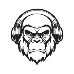  2d black outline vector hand drawn art style minimalism black and white head of gorilla