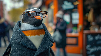 Dapper penguin struts through city streets in tailored elegance, embodying street style. The realistic urban backdrop frames this formally attired bird, seamlessly merging Antarctic charm with contemp - obrazy, fototapety, plakaty