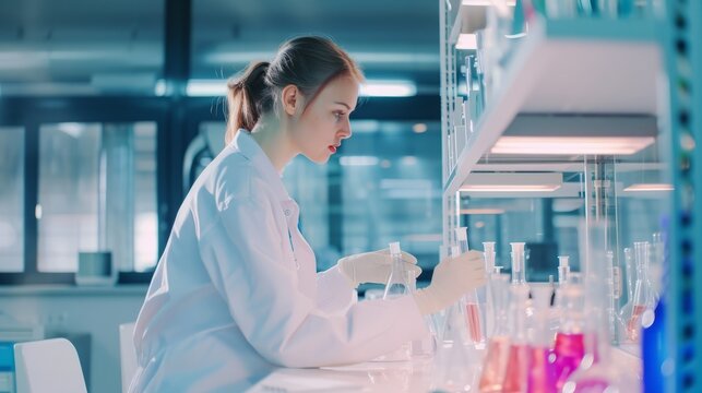 Stock photos of female scientists in the research lab, in light cyan and dark purple styles, performance-oriented,