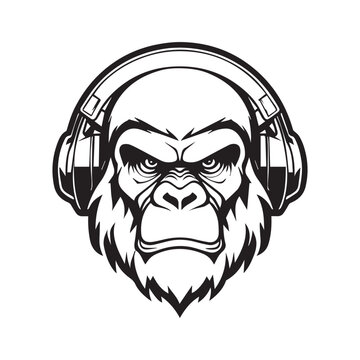  2d black outline vector hand drawn art style minimalism black and white head of gorilla