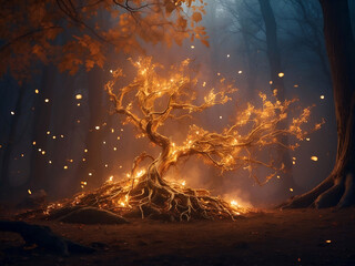 Intertwining tendrils of ethereal golden flames background, moonlit forest