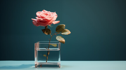 a single pink rose in a square vase with clear water in a brown background