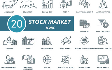 Stock market outline icons set. Creative icons: bull market, bear market, capital gain, profit, money management, angel investor, dividends, blue chip stock, liquidity and more