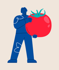 Woman holding huge tomato. Vegetarian healthy. Colorful vector illustration