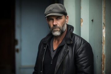Portrait of a bearded man in a black leather jacket and cap.