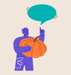 Man holding huge pumpkin. Colorful vector illustration