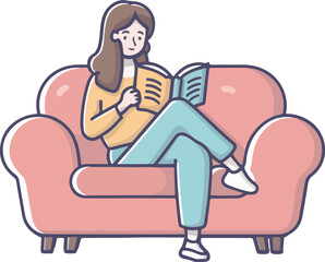 young lady sitting on the sofa and reading a book, cartoon vector illustration